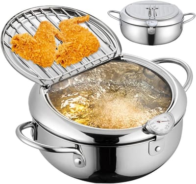 Friteuse Pan - Koekenpan Tempura - Thuis Frituren - Met Oliedruppelrek - 42 L - Zilver