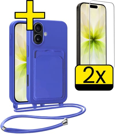 Hoesje Geschikt voor iPhone 17 Telefoonhoesje Met Koord Case Pashouder Met 2x Screenprotector Siliconen - Hoes Geschikt voor iPhone 17 Hoesje Met Kaarthouder - Felblauw
