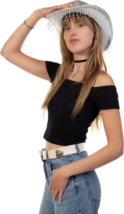 KIMU® Cowboyhoed Zilver Strass Steentjes - Zwarte Cowgirl Western Hoed - Cowboy Diamantjes Glitter Dames Vrijgezellenfeest Yellowstone Festival