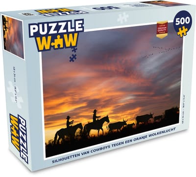 Puzzel Silhouetten van cowboys tegen een oranje wolkenlucht - Legpuzzel - Puzzel 500 stukjes