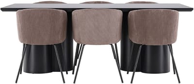 Olivia eethoek tafel 100x210cm en 6 fluwelen stoelen met armleuningen zwart.