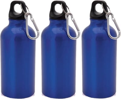 3x Stuks aluminium waterfles/drinkfles blauw met schroefdop en karabijnhaak 400 ml - Sportfles - Bidon