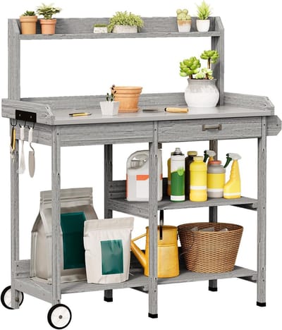Tuintafel met wielen - Plantentafel buiten - Planten verzorgen - Verzinkt tafelblad - 112 x 47 x 85 cm - Grijs