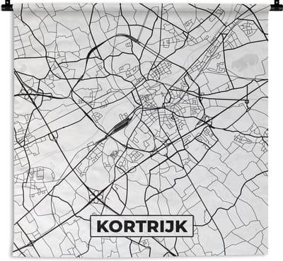 Wandkleed - Wanddoek - België – Kortrijk – Stadskaart – Kaart – Zwart Wit – Plattegrond - 180x180 cm - Wandtapijt