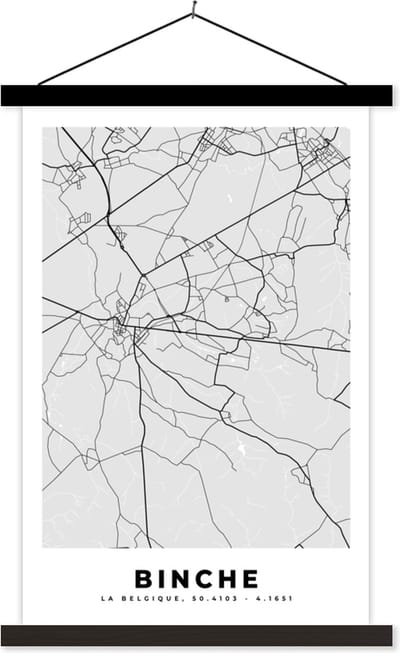 Posterhanger incl. Poster 40x60 cm - Schoolplaat - Zwart Wit – België – Plattegrond – Stadskaart – Kaart – Binche - Textielposter - Zwarte latten - Stadskaart