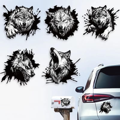 Dailygoods- Autostickers Wolf Design - 5 Stuks - Vinyl Stickers - Dieren Decoratie - Voor Auto Raam/Lichaam - 15,5 cm x 14,8 cm - Voertuigsticker