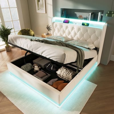 DESMIU Gestoffeerd Bed 140x190 cm – 360 Graden Ledverlichting – Hydraulische Opbergruimte – Hoofdbord Met Oplaadfunctie – PU – Wit – Zonder Matras