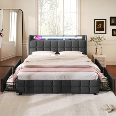 VVBV Gestoffeerd Bed met Opbergruimte 160x200 cm - Opbergruimte, 4 Lades, LED-Verlichting - Hout Grijs - Zonder Matras