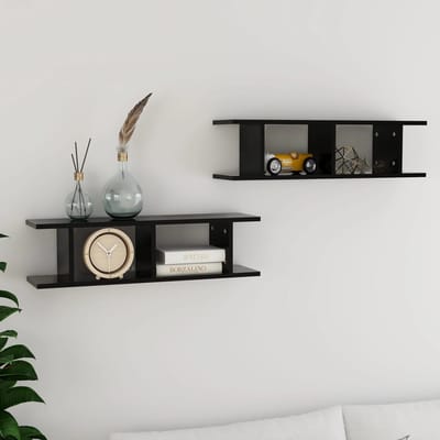vidaXL - Wandschappen - 2 - st - 75x18x20 - cm - bewerkt - hout - zwart