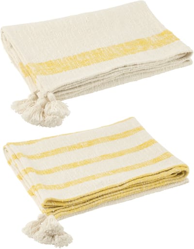 J-Line plaid Strepen + Kwasten - katoen - wit/geel - 2 stuks