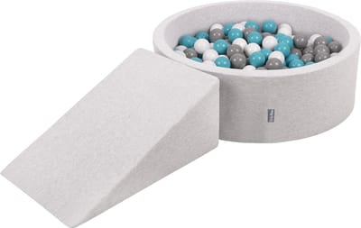KiddyMoon Speelplaats met helling Ballenbad 200 ballen - Foam hindernisbaan baby - Wasbare hoes - Lichtgrijs: Grijs Wit Turquoise
