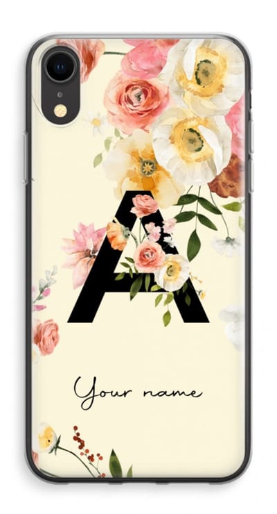 Gepersonaliseerd - Case Company® - Hoesje geschikt voor iPhone XR hoesje - Flirty Flowers Monogram - Soft Cover Telefoonhoesje - Bescherming aan alle Kanten en Schermrand