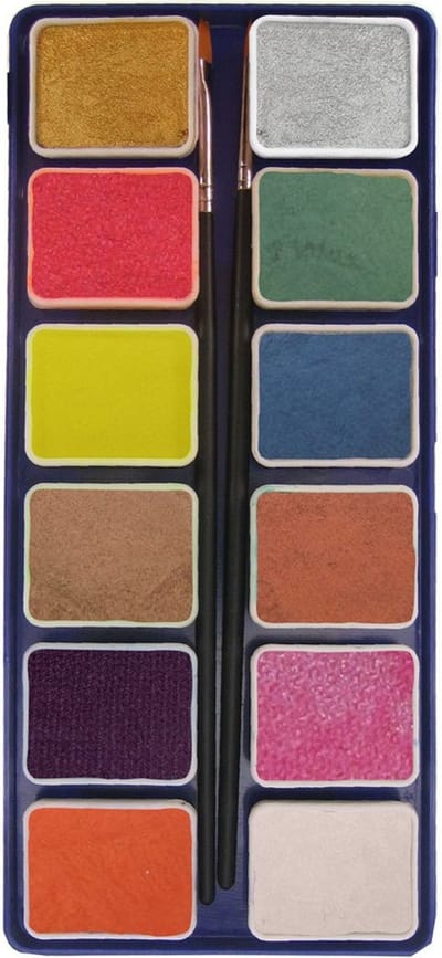 PXP Professional Colours palet metallic colours 12 x 6 gram met 2 kwasten ( liner size 0 , flat size 1) - Carnaval Schmink Kleur Feest Thema Body Paint