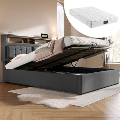 DESMIU Gestoffeerd Bed 140x200 cm – Met USB C En Stopcontacten – Verstelbaar Hoofdbord Met Opbergruimte – Met Matras – Linnen – Grijs