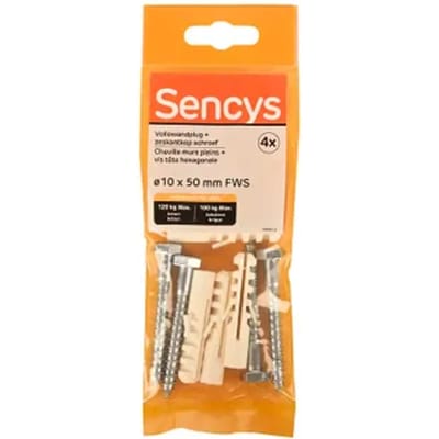 Sencys Plug Voor Volle Wand Kunststof - Diam. 10x50mm - 4 Stuks