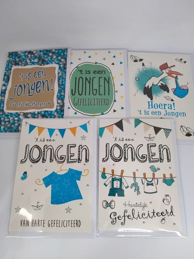 5 Luxe Geboorte Wenskaarten - Zoon - 17x12cm - gevouwen kaart met envelop