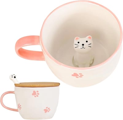 Schattige keramische katten koffiemok met deksel en lepel - grappige mokken, cadeau voor vrouwen, porseleinen 3D mok voor cappuccino en kerstcadeaus