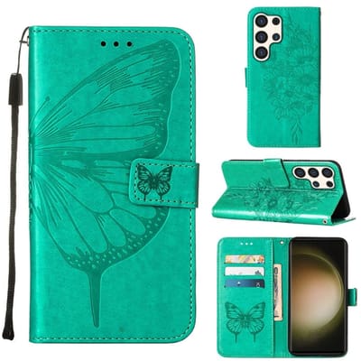 Voor Samsung Galaxy S24 Ultra 5G reliëf vlinder lederen telefoonhoesje (groen)