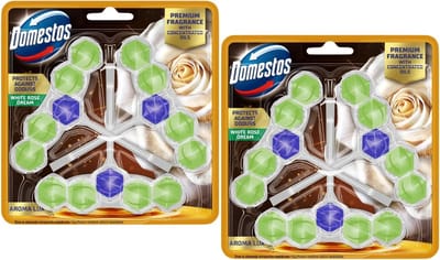 Domestos Aroma Lux White Rose Dream WC Blokjes - 2 Pack - 6 x 50g - Bestrijdt Kalkaanslag en zorgt voor Hygiene en Frisheid tot 900 Spoelingen - WC Blokjes Voordeelverpakking - Toilet Blokjes met Dennengeur