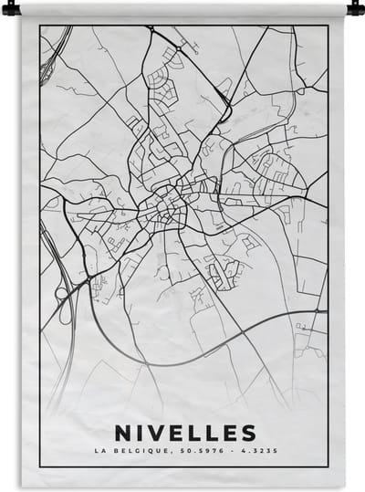 Wandkleed - Wanddoek - België – Nivelles – Stadskaart – Kaart – Zwart Wit – Plattegrond - 120x180 cm - Wandtapijt