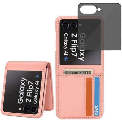 ChiGuard Wallet Case & privacy screenprotector geschikt voor Galaxy Z Flip 7 – Book Case - Portemonnee - Zacht Rozeleder