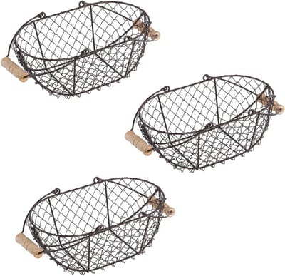Set van 3 ovale draadmanden met houten handgrepen - Vintage stijl - 10 inch