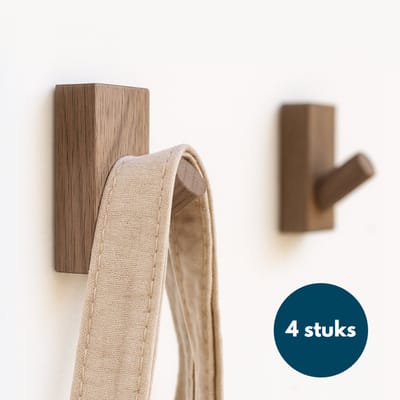 Kapstok haken hout - Walnoot licht - Wandhaken - Wandkapstok - Zelfklevende haakjes - Plakhaakjes - 4 stuks