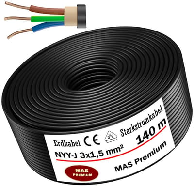 Sterke Aardkabel voor Buiten - NYY-J 3 x 1,5 mm², 5 m tot 170 m
