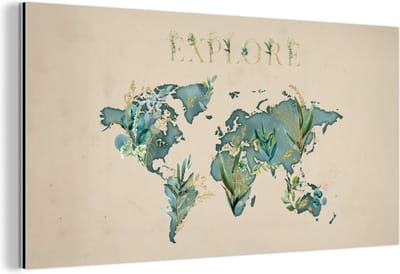 Wanddecoratie Metaal - Aluminium Schilderij Industrieel - Wereldkaart - Planten - Water - 120x60 cm - Dibond - Foto op aluminium - Industriële muurdecoratie - Voor de woonkamer/slaapkamer