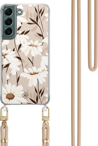 Casimoda® hoesje met koord - Geschikt voor Samsung S22 - In Bloom - Afneembaar koord - TPU/polycarbonaat - Bruin/beige