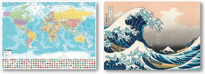 Wereldkaart poster + Great Wave of Kanagawa XXL poster - Set van twee posters - Formaat wereldkaart 50 x 70 cm - Formaat Kanagawa poster 84 x 120 cm