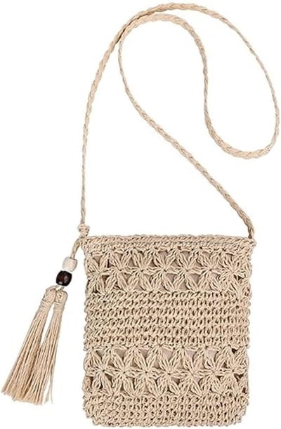 Dailygoods - GWAWG Strotas voor vrouwen, handgemaakte geweven vakantietas, zomer stro strandtas met kwastje gehaakte schouder crossbody handtas voor strand reizen roeping, Beige
