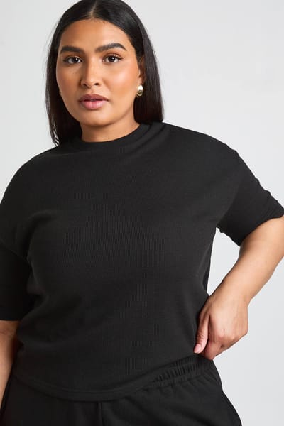 boohoo Dames Plus Wafel T-shirt En Wijde Broek Co-ord | Zwart | Maat: 54