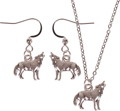 Set - Ketting 55cm - Zilverkleurige Oorbellen - Hangertje Huilende Wolf zilverkleurig 1,8cm