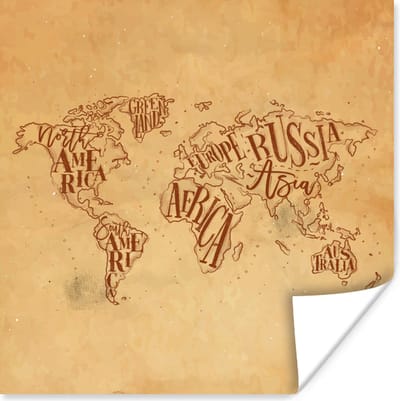 Poster 30x30 cm - Wereldkaart - Vintage - Papyrus - Posters - Kamer decoratie - Wanddecoratie woonkamer - Muurdecoratie slaapkamer