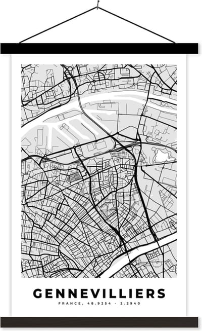 Posterhanger incl. Poster 40x60 cm - Schoolplaat - Plattegrond – Kaart – Stadskaart – Frankrijk – Gennevilliers - Textielposter - Zwarte latten - Stadskaart