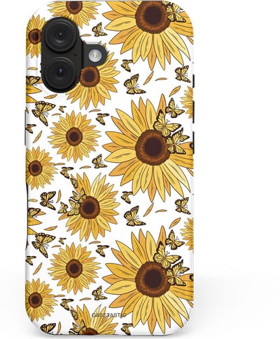 Casetastic hoesje geschikt voor Apple iPhone 16 - MagSafe - Dubbellaagse bescherming - Zonnebloem Zomer met vlinders - Fashion Case - Goud Beige Wit