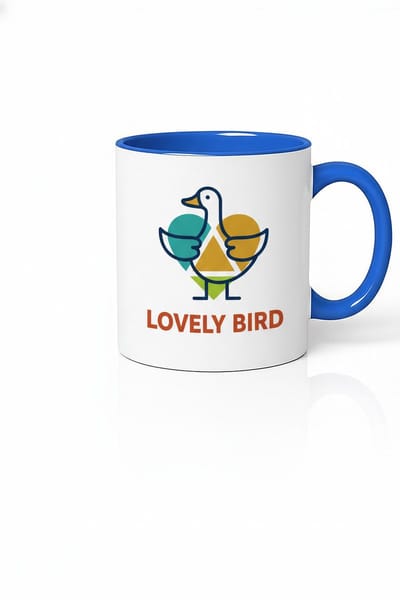 Lovely Bird Design Mok | Witte Keramische Koffiekop met Blauw Handvat | Uniek Vogel Logo