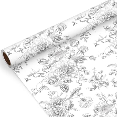 Inpakpapier Rol - Cadeaupapier Vintage - Cadeaus Versieren - Zilverfolie Bloemen - 43 cm x 10 m - Wit Zilver