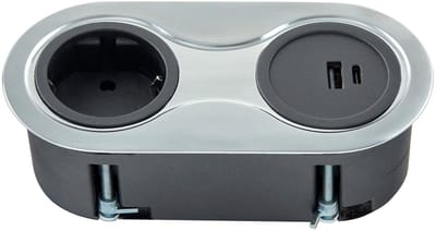 SOTECH inbouwstopcontact (1 x USB-A aansluiting / 1 x USB-C aansluiting / 1 x veiligheidsstopcontact) ovaal geborsteld roestvrijstaal look dubbel stopcontact incl. aansluitsnoer met stekker