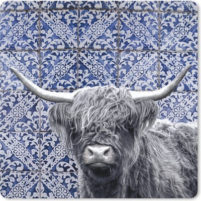 Muismat 20x20 cm - Mousepad Schotse hooglander - Delfts blauw - Zwart - Wit - Muismatten