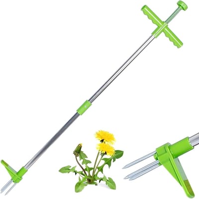 Ergonomische onkruidtrekker met lange steel en voetpedaal, ideaal voor moeiteloos onkruid verwijderen in de tuin met 3 klauwen.