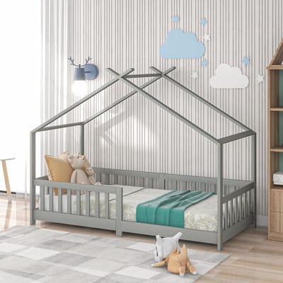 OKWISH Kinderbed 90x200 - Huisbed - Met Dreieckig Dach en Zaun - Grenen - Grijs