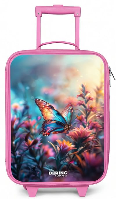 NoBoringSuitcases.com® - Kinderkoffer roze - Kindertrolley meisje - Vlinder flowers - Koffer kind lichtgewicht - Reiskoffer trolley voor kinderen - Koffertje met lichtgevende wieltjes - Rolkoffer
