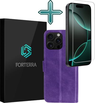 Hoesje Met Screenprotector - Geschikt voor Apple iPhone 16 Pro - Luxe Pasjeshouder - Flipcase - Bookcase Portemonee - Flip Case - Kunstleer Book Case - Book Cover - Walletcase - Portemonneehoes - Paars