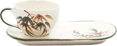 Kop met schotel - Keramiek - Ovaal - Wit - Leaves - Sawahasa - Thailand - Fairtrade