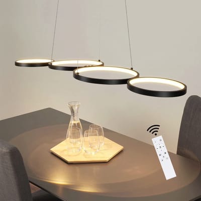 NETTLIFE LED Hanglamp - zwart - 4 lichts - dimbaar met afstandsbediening - eettafel lamp met ring Ontwerp - in hoogte verstelbare hanglamp - voor woonkamer | slaapkamer | keuken