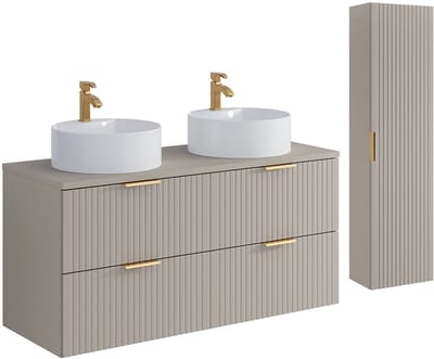 Vente-unique Zwevend badkamermeubel met ronde opzetwastafel en kast - Geribbeld beige - 120 cm - ZEVARA
