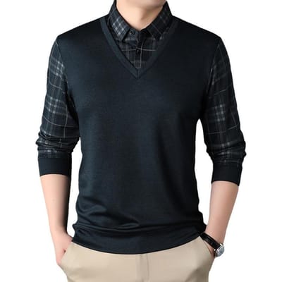 Papa's Lente- en Herfst T-shirts met Lange Mouwen, Casual Pullover Onderhemden voor Mannen van Middelbare en Oudere Leeftijd, Herfstvakantie Tweedelige Tops 4XL black