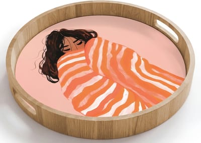Dienblad rond 40x40 cm - Schootdienblad hout - Meisje - Deken - Gestreept - Oranje - Borrelplank rechthoek - Plateau houten dienbladen